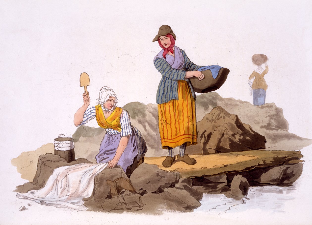 Washerwomen，来自英国的服装，酒吧。亨利米勒，1805年（手工彩色印刷） 作者 威廉·亨利·佩恩
