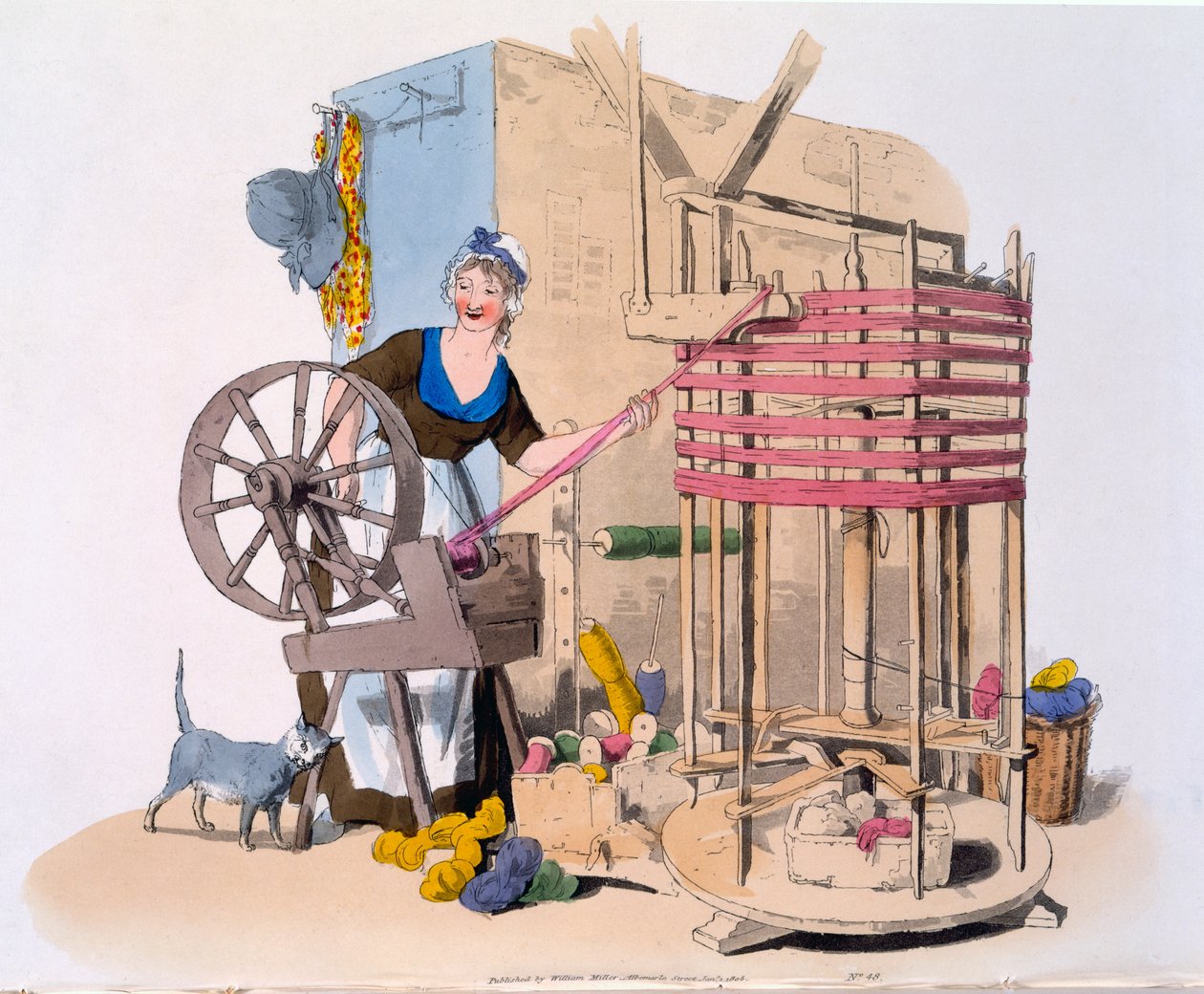女人纺羊毛到旋转机器上制作绞纱，1808（手工彩色aquatint） 作者 威廉·亨利·佩恩
