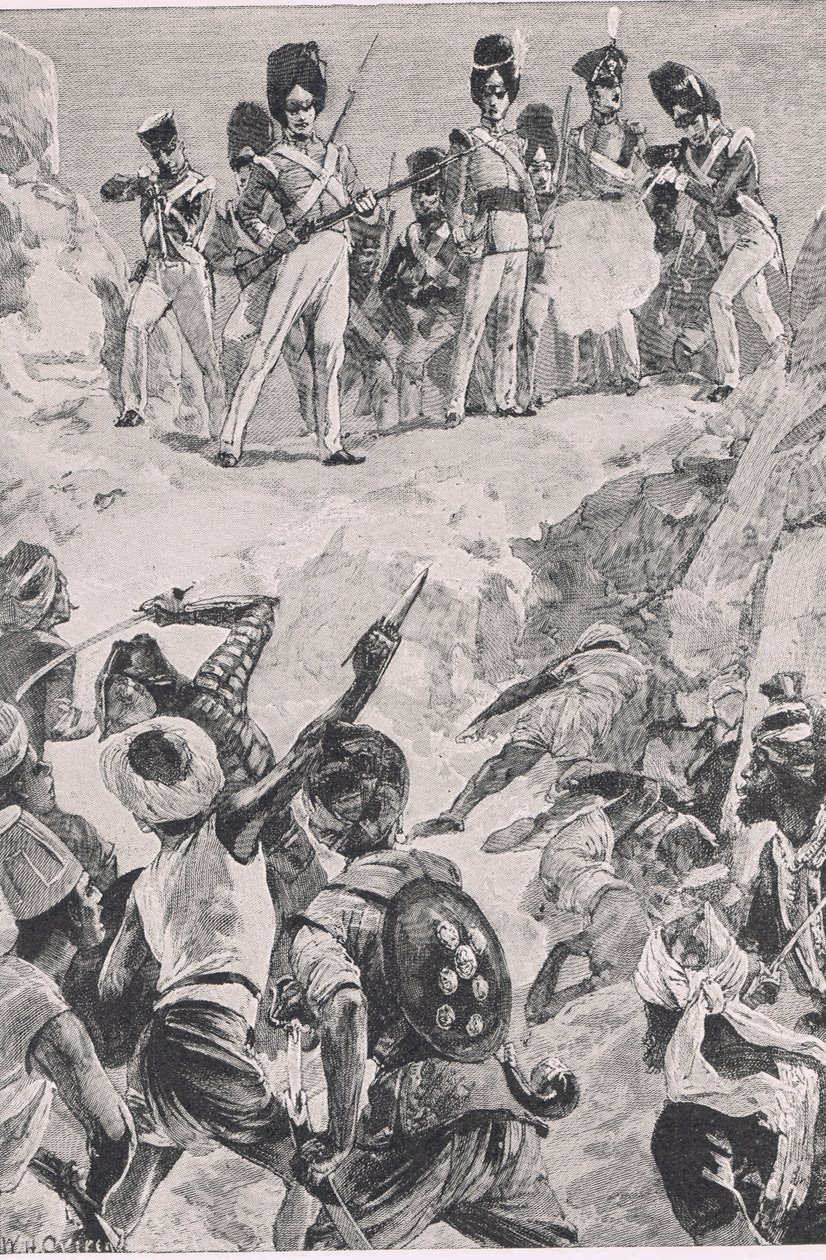 Carmichaels的追随者向密集的男人群中发射了一个凌空：Bharatpur 1826年战役，1915年英国陆地和海上战役的插图 作者 威廉·海沙姆·奥弗兰德