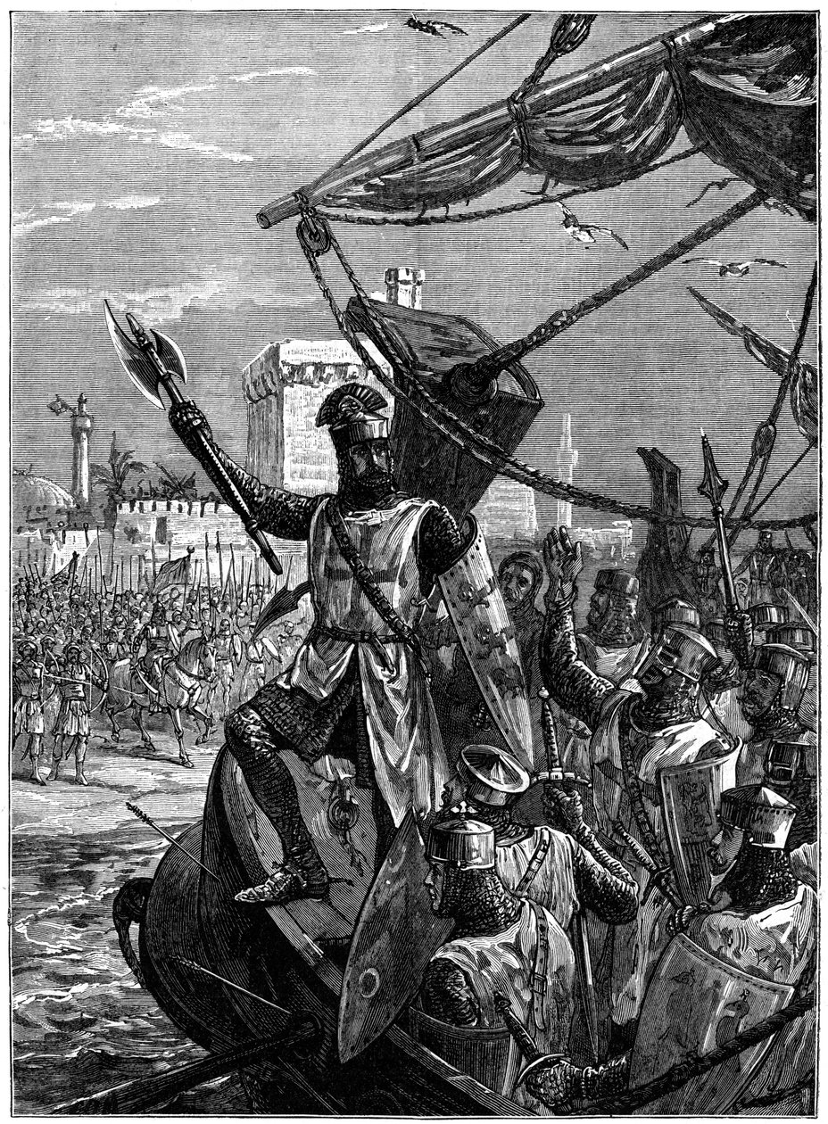 理查德一世（Richard I），狮子心（Coeur de Lion），于1191年9月在贾法角霍帕（Jaffa Joppa）登陆，大约1880年。 作者 威廉·海沙姆·奥弗兰德