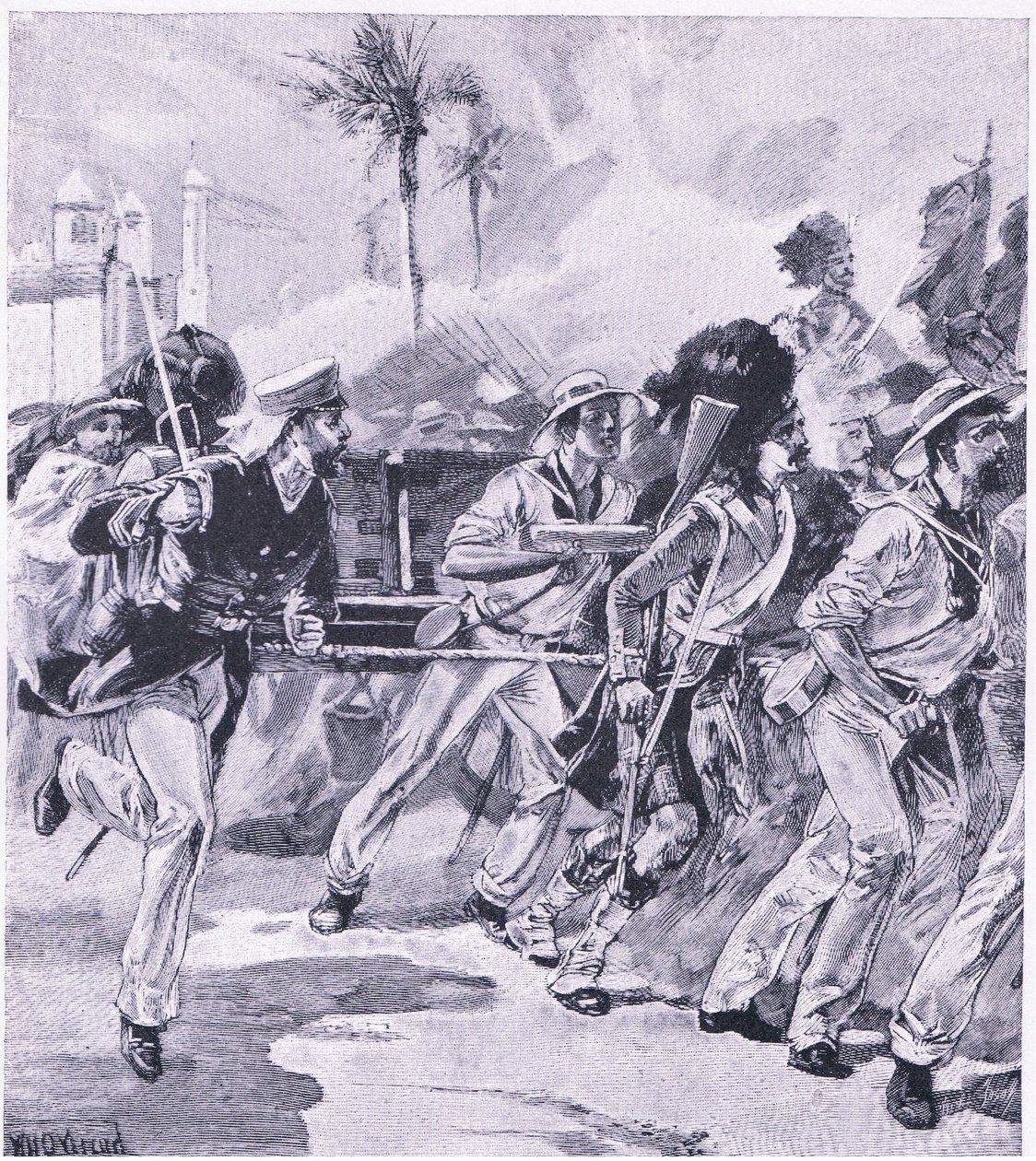 1857年11月，来自勒克瑙的HMS Shannon的海军旅，1915年英国陆地和海上战役的插图 作者 威廉·海沙姆·奥弗兰德