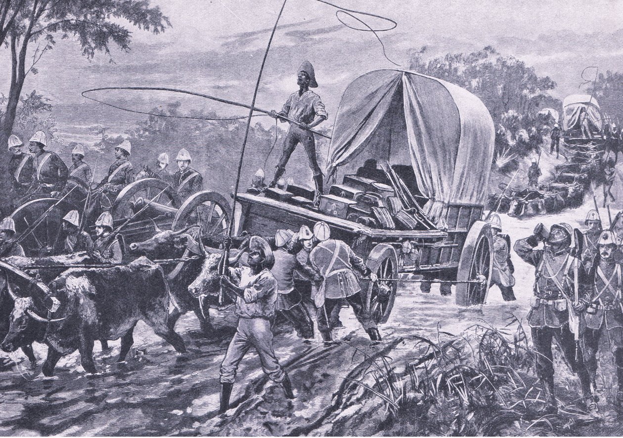 祖鲁战争：Estowe救济部队穿越溪流，1879年4月，英国陆地和海上战役的插图，1915年 作者 威廉·海沙姆·奥弗兰德