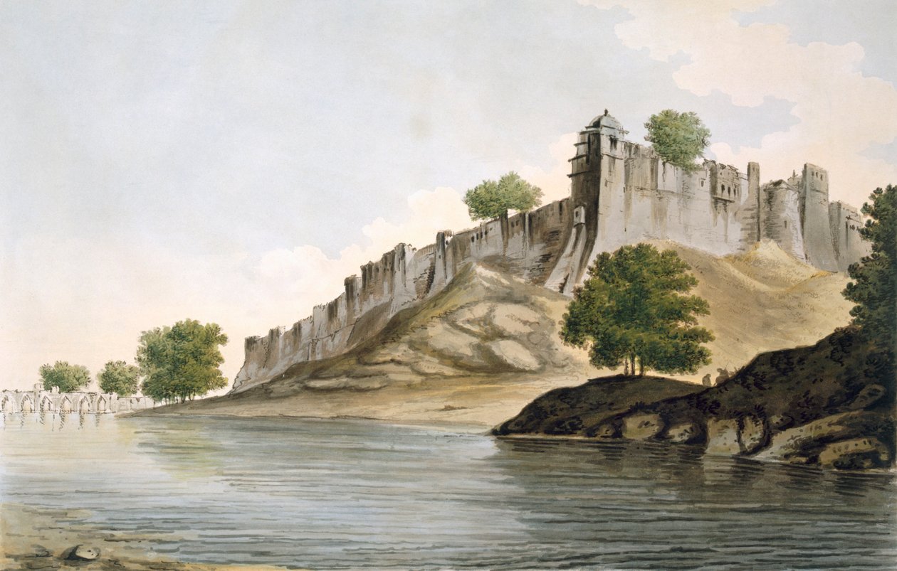 Goomty河岸上的Ilionpoor堡垒的景色，出版。1785-88. 作者 威廉·霍奇斯