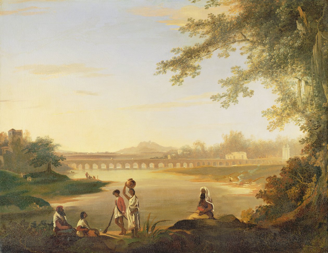 Marmalong大桥，前景中有一个Sepoy和当地人，1783年 作者 威廉·霍奇斯