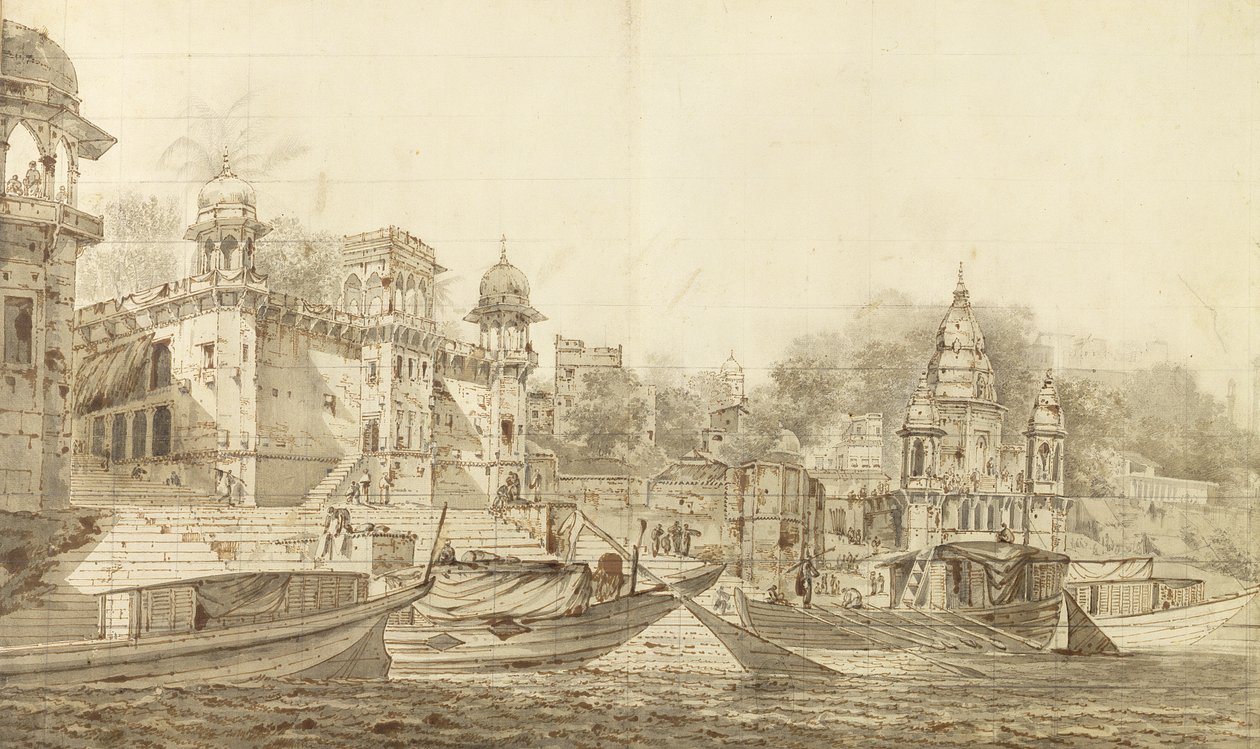 Benares市的一部分的视图，c.1781（灰色洗刷用刷子和墨水在铅笔在纸上放置在洗涤支架上） 作者 威廉·霍奇斯