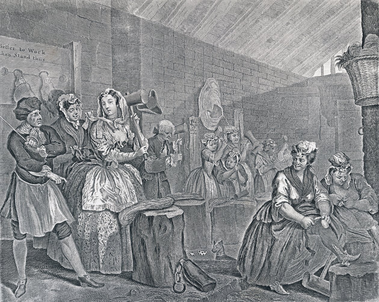 Harlot的进展，第四版：Bridewell的场景，1732年（蚀刻和雕刻） 作者 威廉·霍加斯