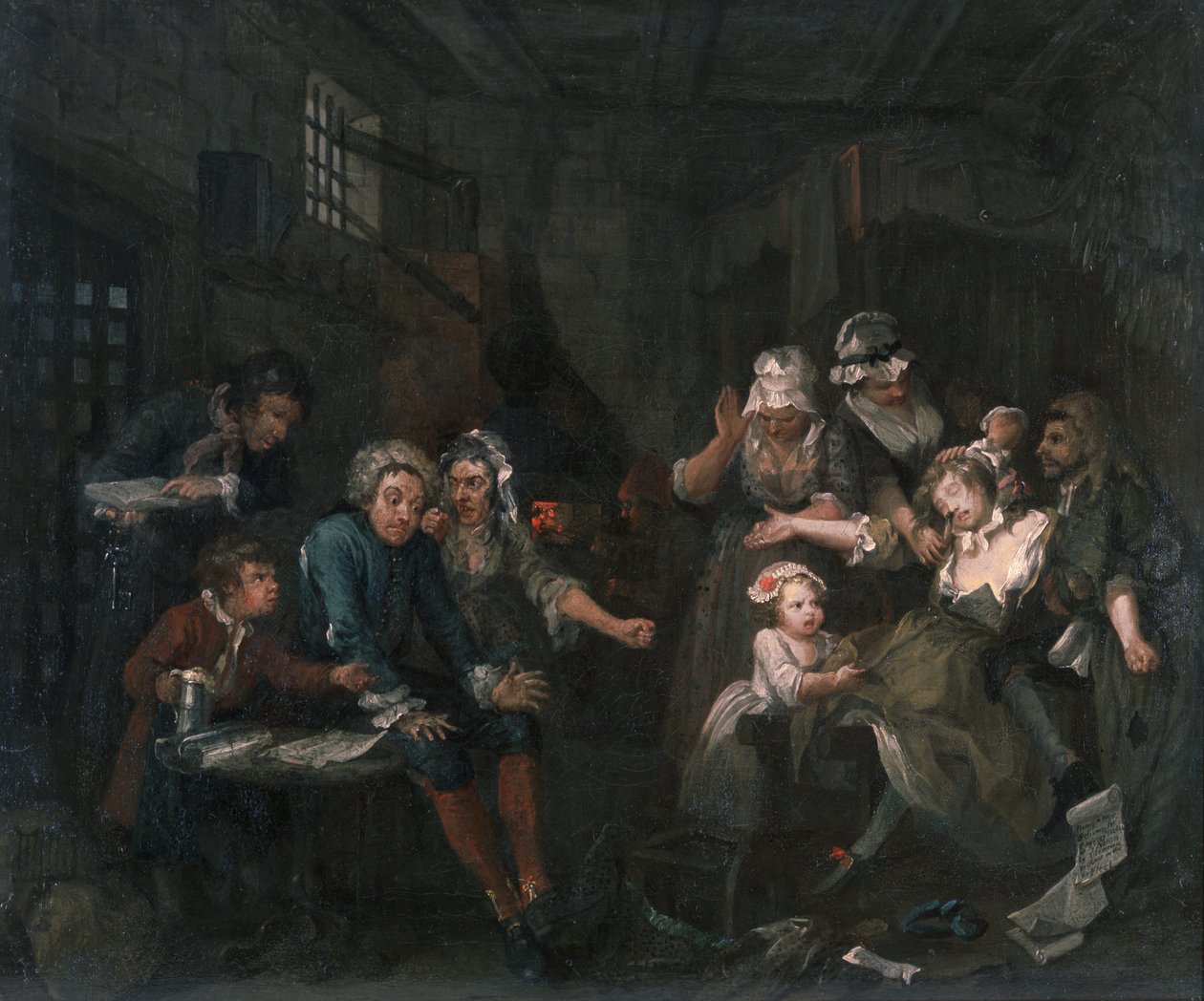 耙子的进步七：监狱里的耙子，1733年 作者 威廉·霍加斯