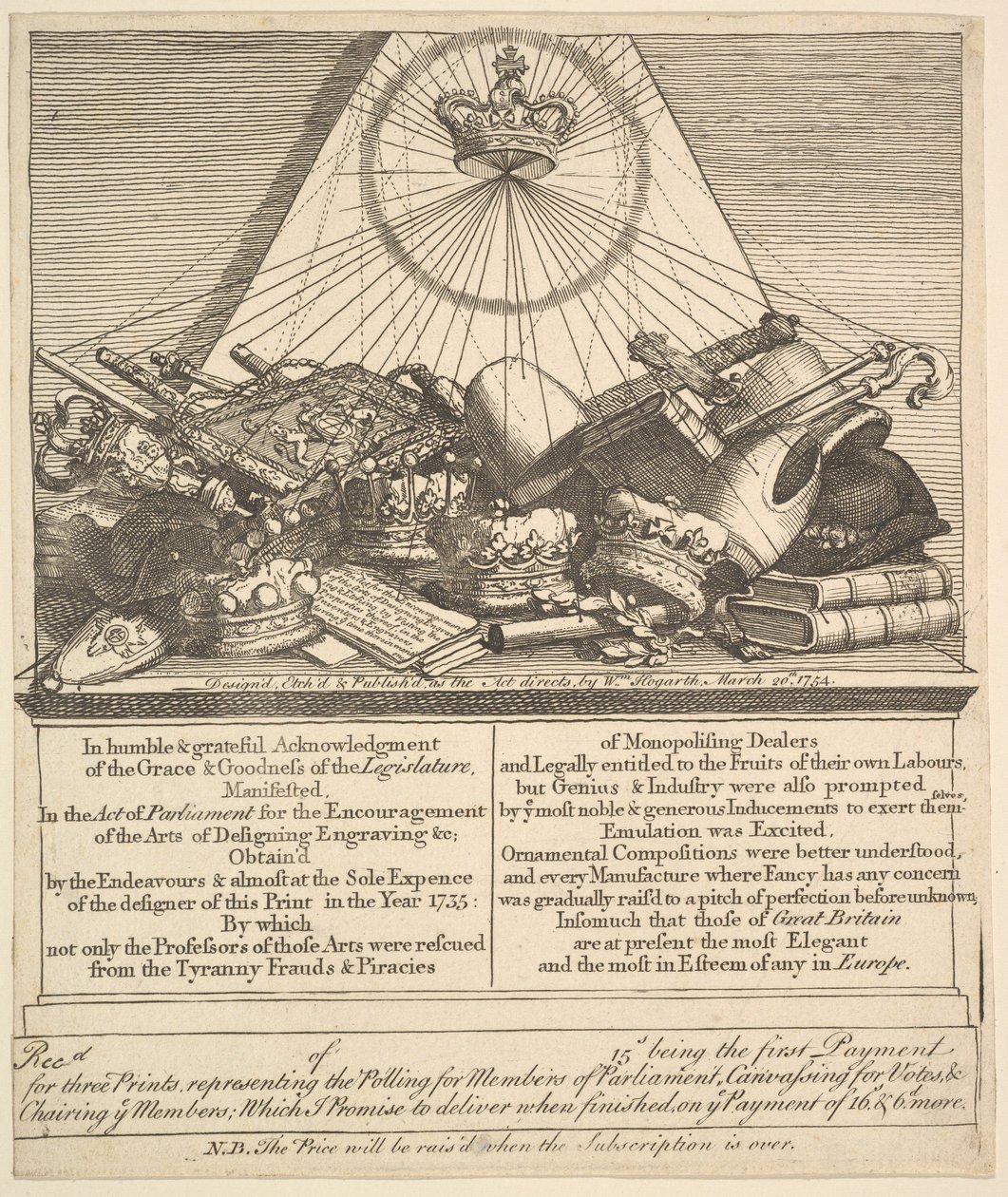 皇冠，米特，狼牙棒等，1755年。 作者 威廉·霍加斯