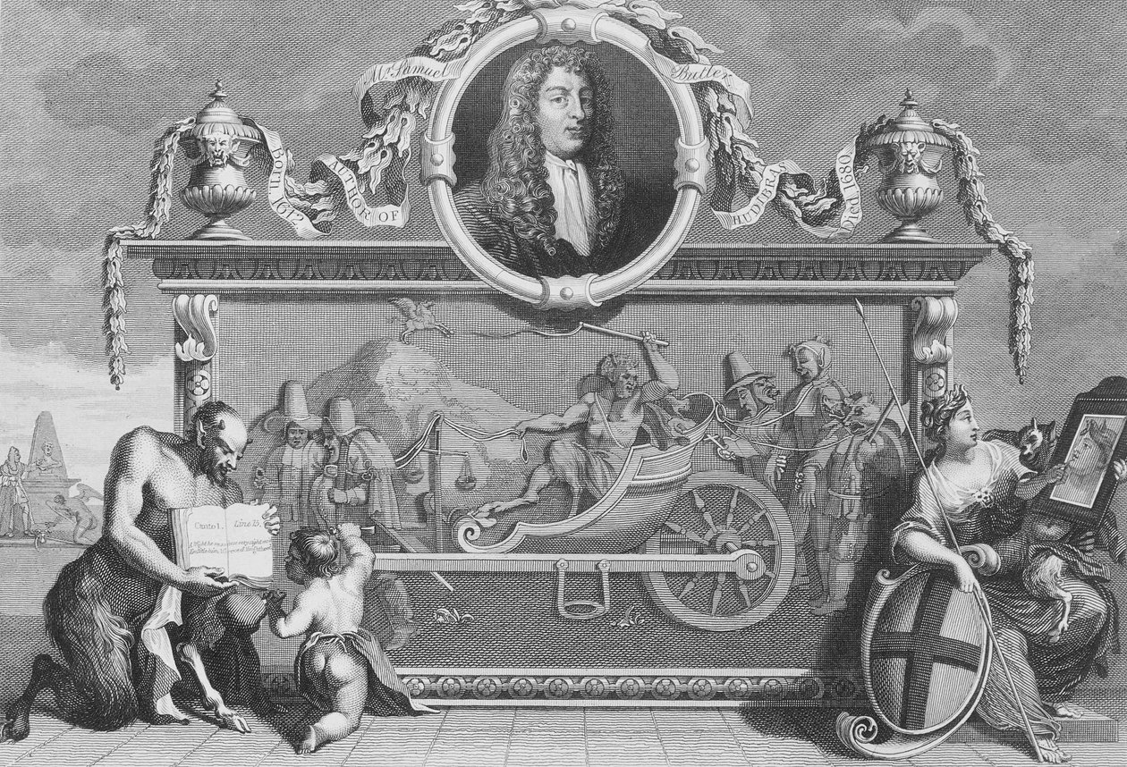 “Hudibras”的主题包括Samuel Butler的肖像，由Cosmo Armstrong雕刻 作者 威廉·霍加斯