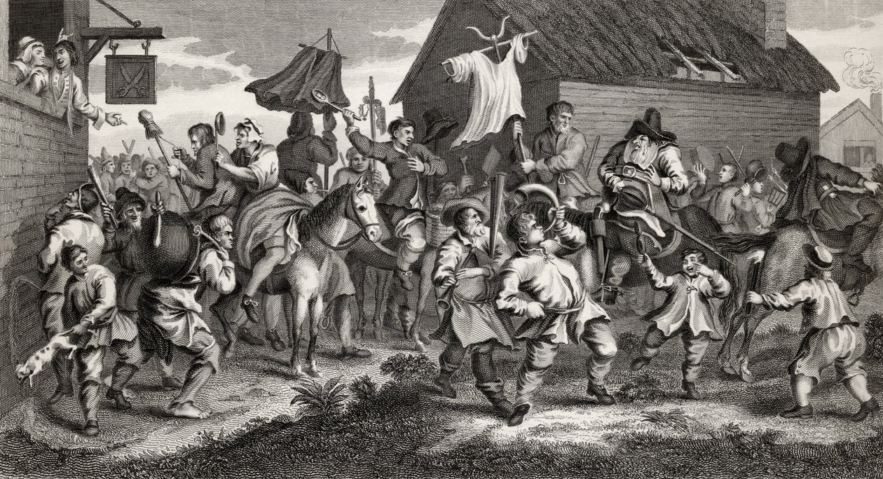Hudibras邂逅Skimmington，由TE Nicholson雕刻，来自&39;Hudibras&39;，Samuel Butler（1612-80）来自&39;The Works of Hogarth&39;，1833年出版 作者 威廉·霍加斯