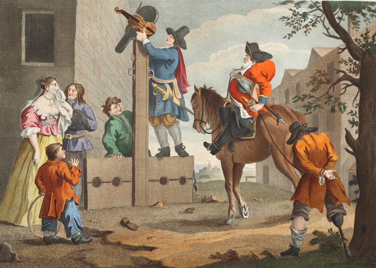 Hudibras leading Crowdero in Triumph，选自塞缪尔-巴特勒（Samuel Butler，1612-80 年）的《Hudibras》，插图选自《霍加斯复原：著名的威廉-霍加斯的全部作品，由托马斯-库克重新雕刻 "中的插图，1812 年出版。1812 年（手绘版画） 作者 威廉·霍加斯