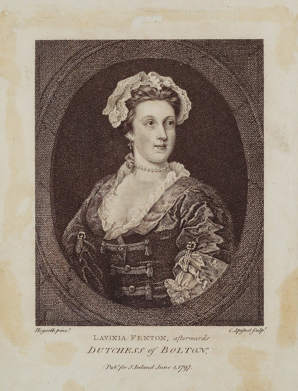 Lavinia Fenton，后来的博尔顿公爵夫人，由Cornelius Apostool（1762-1844）雕刻，1797年（点画雕刻） 作者 威廉·霍加斯