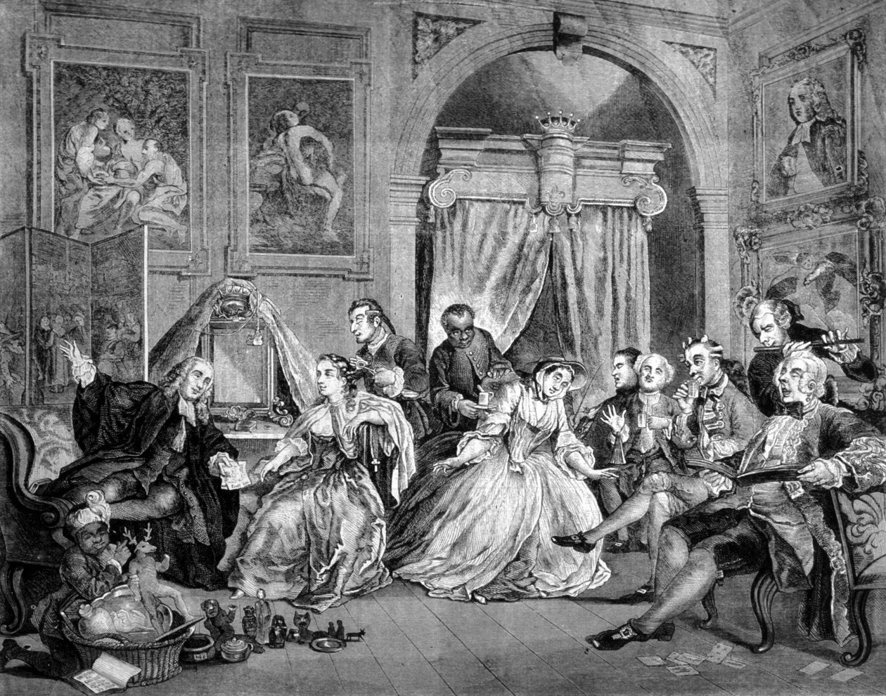 时尚婚姻（Marriage in Fashion）：关于富人婚礼的6个讽刺板系列。 让他起来。 雕刻由 William Hogarth (1697 - 1764)。 1745. 作者 威廉·霍加斯