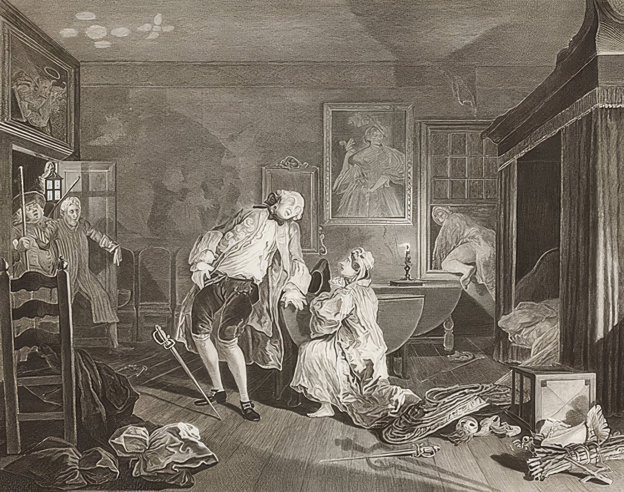 时尚婚姻。表格5：Bagnio - The Count决斗。 1745年 作者 威廉·霍加斯