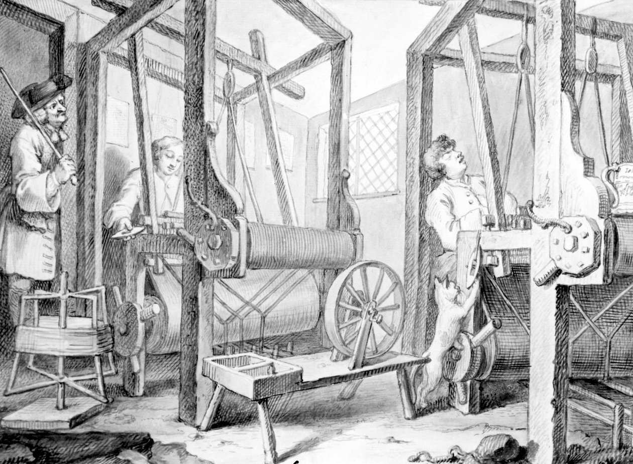 他们的织机代表行业和闲置，1747年（洗涤，钢笔墨水和石墨在纸上） 作者 威廉·霍加斯