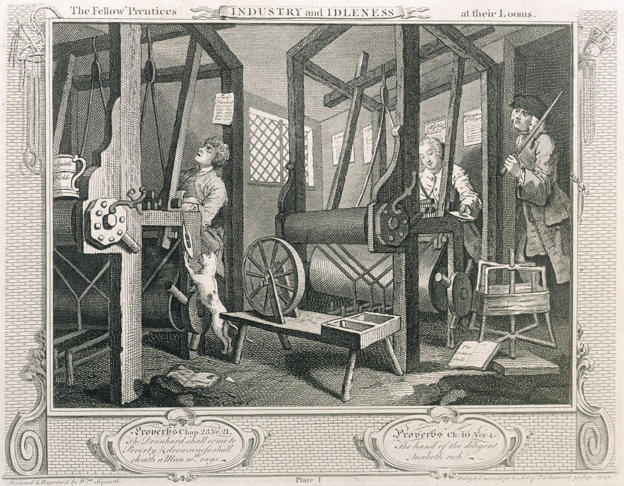 研究员“织机上的学徒”，“工业与闲置”一版，1833年出版（版画） 作者 威廉·霍加斯