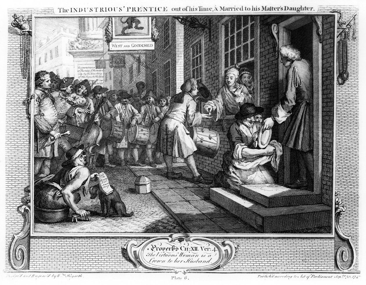 1747年“工业与闲暇”的第六版“勤劳”的&39;Prentice&39;脱离了他的时代并与他的主人的女儿结婚 作者 威廉·霍加斯