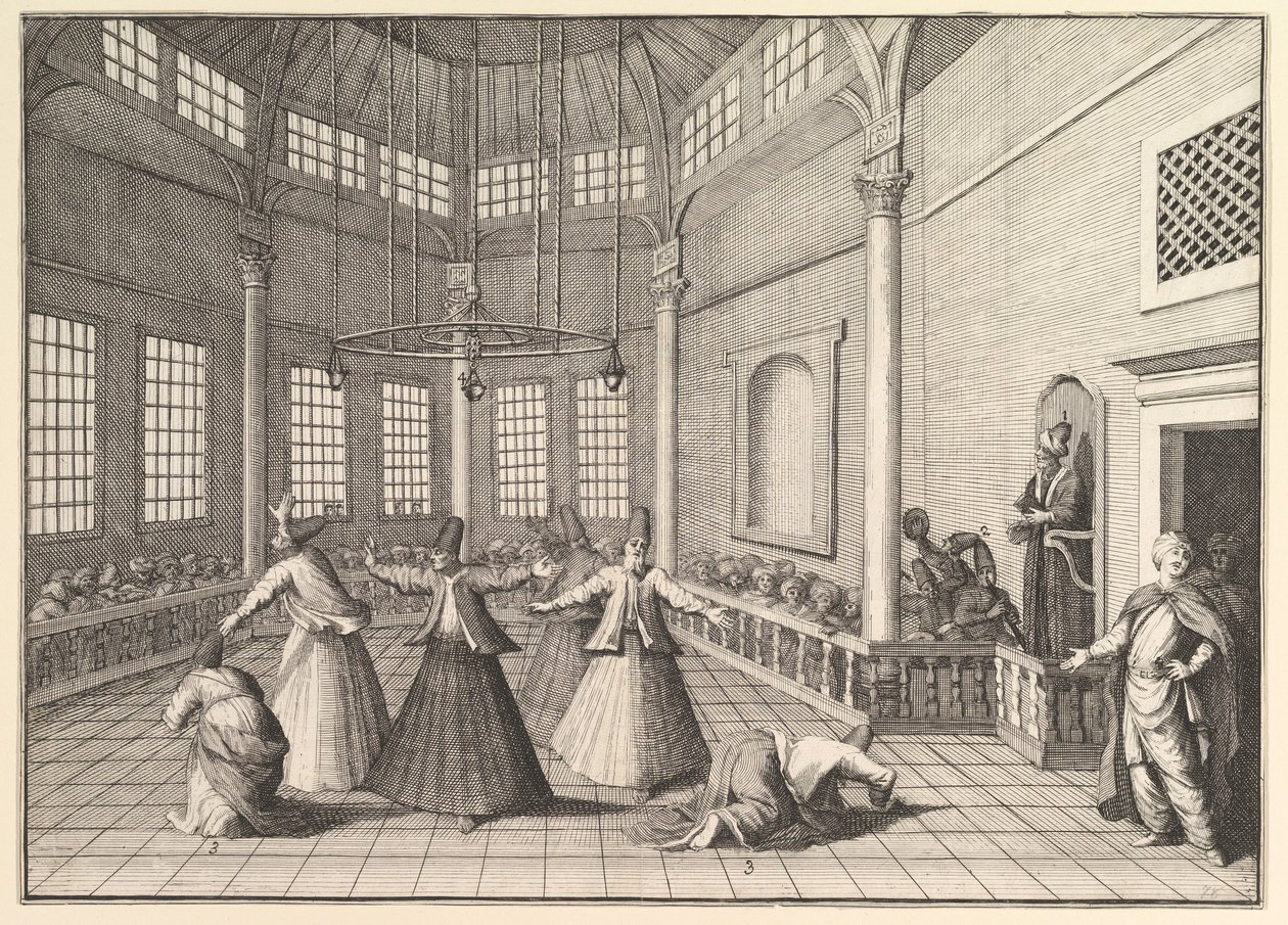 清真寺内部，跳舞Aubry de La Mottrayes的Dervishes游走于...，1723-24年。 作者 威廉·霍加斯