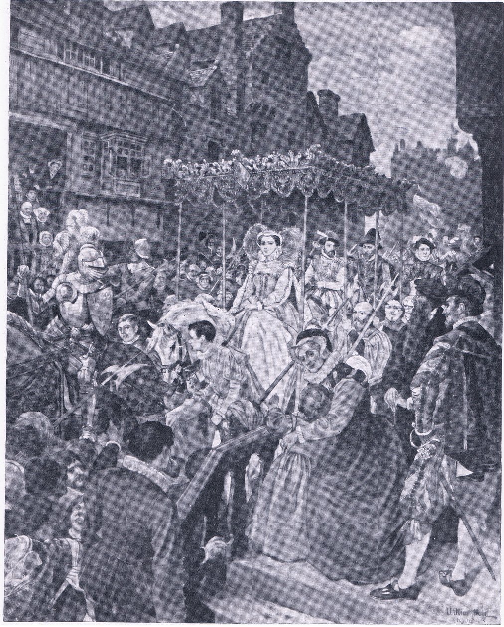 玛丽女王于 1561 年进入爱丁堡，来自 Waverley Book Company 出版的 Cassels History of the British People，c.1950