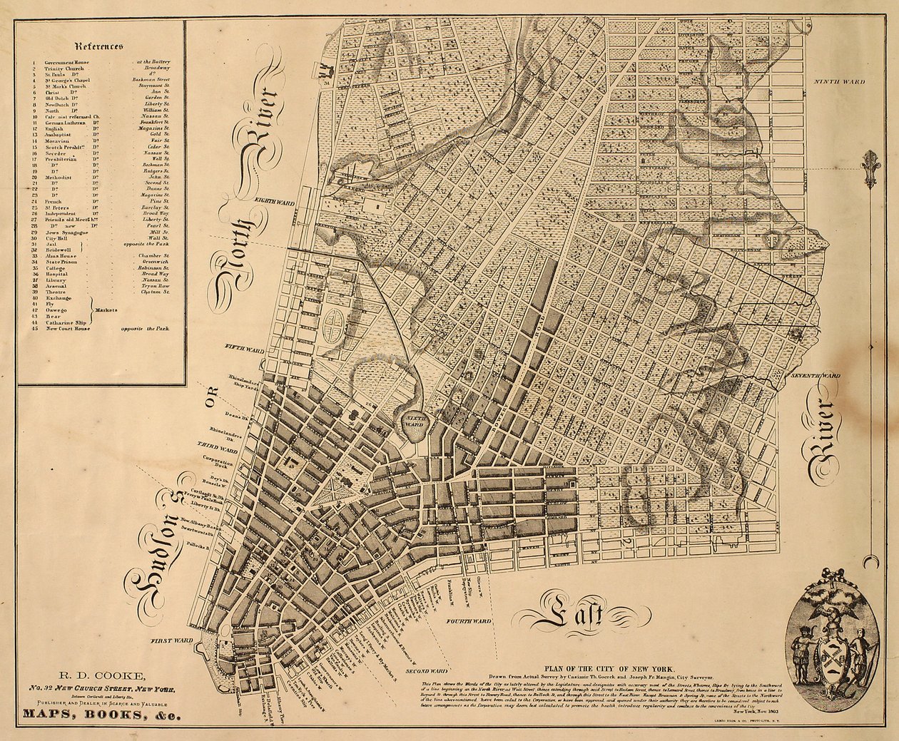 纽约市[北至东31街]的计划，1817年（纸上黑色墨水，背面布） 作者 威廉胡克