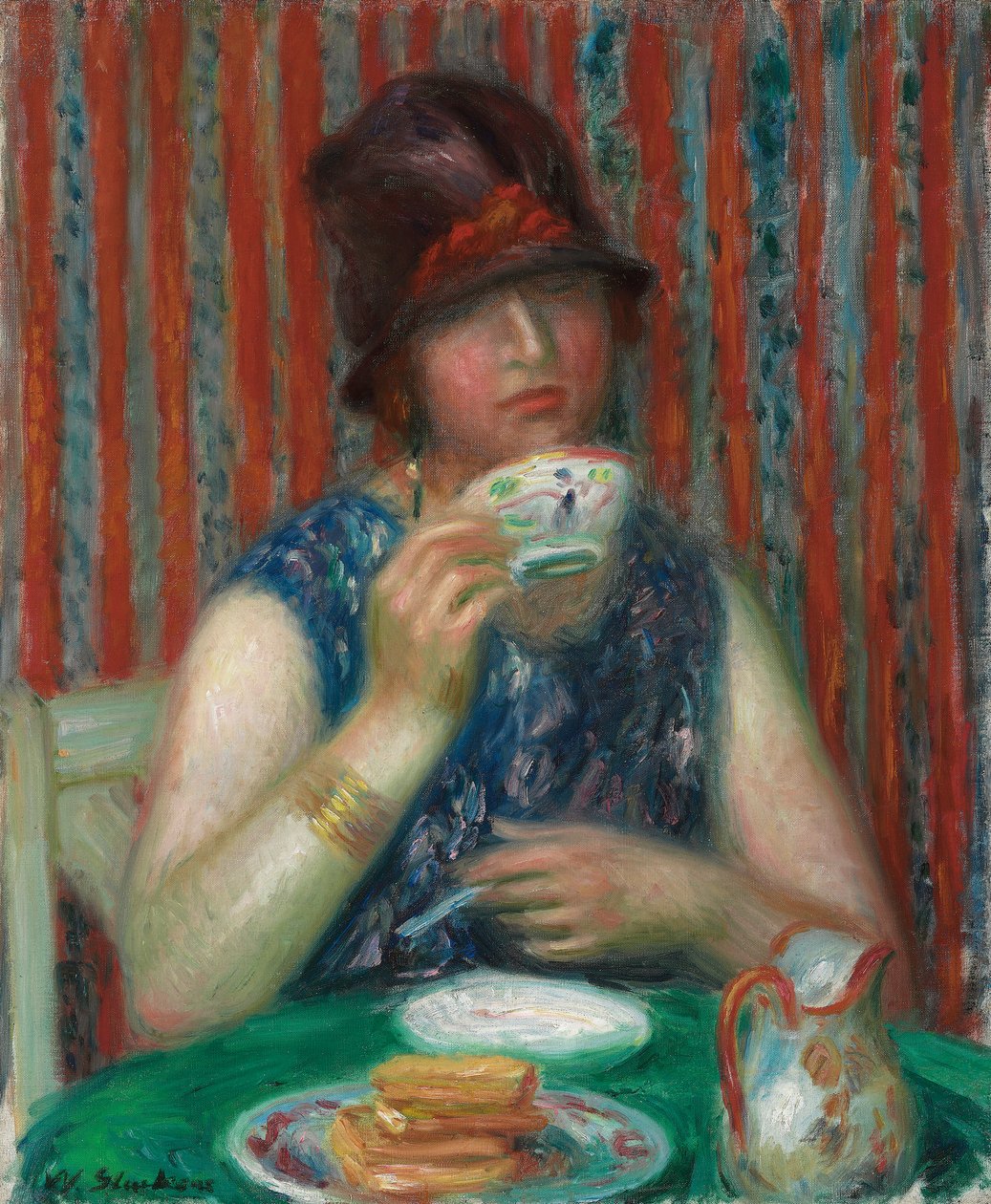 茶杯的女孩，约1920年（布面油画） 作者 威廉·詹姆斯·格拉肯斯