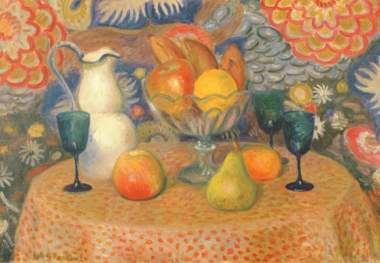有三个玻璃杯的静物，约 1925 年（布面油画） 作者 威廉·詹姆斯·格拉肯斯