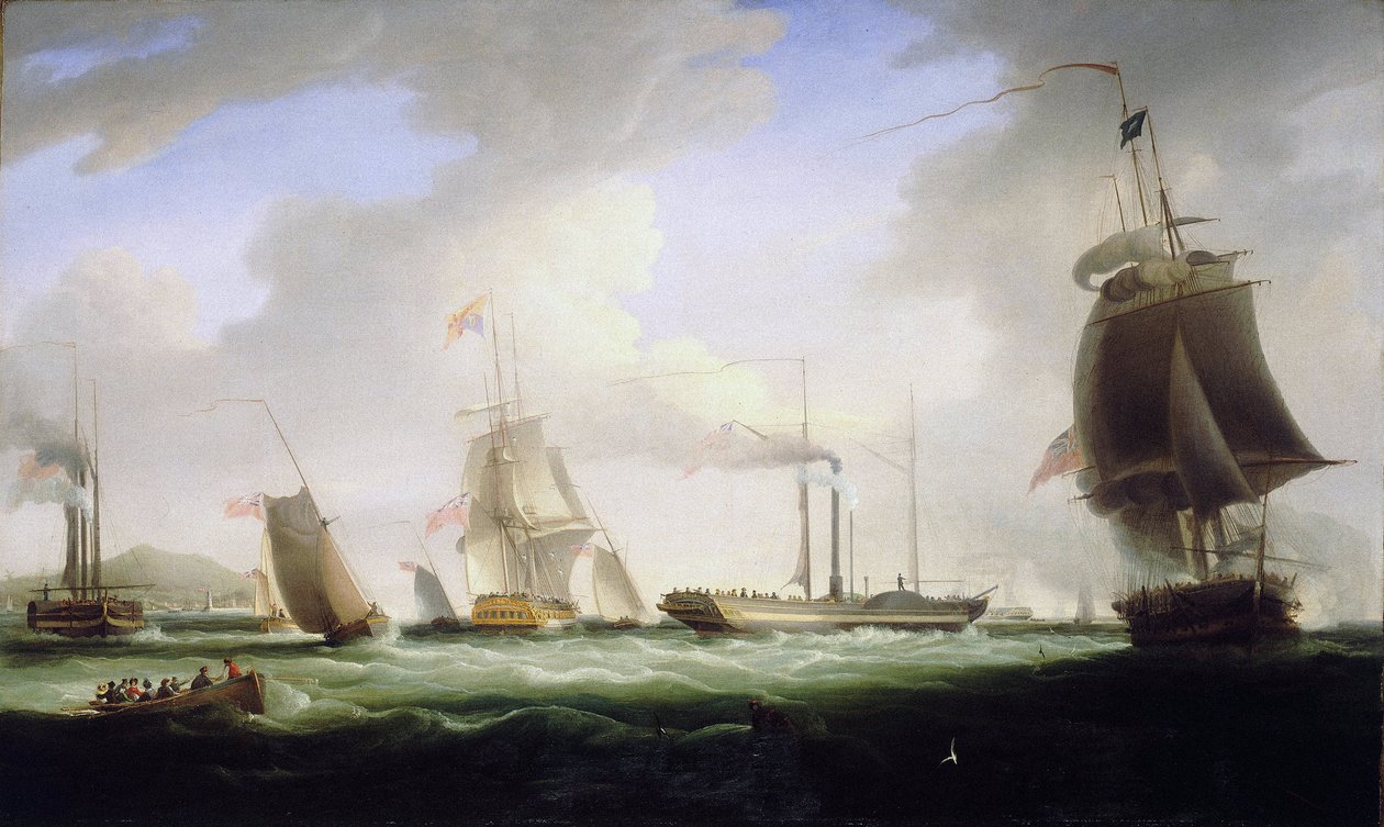8 月 12 日，英国国王乔治四世（1762-1830 年）登上邮政服务的第一艘蒸汽船 "闪电号"，前往都柏林（爱尔兰）。 作者 威廉·约翰·哈金斯