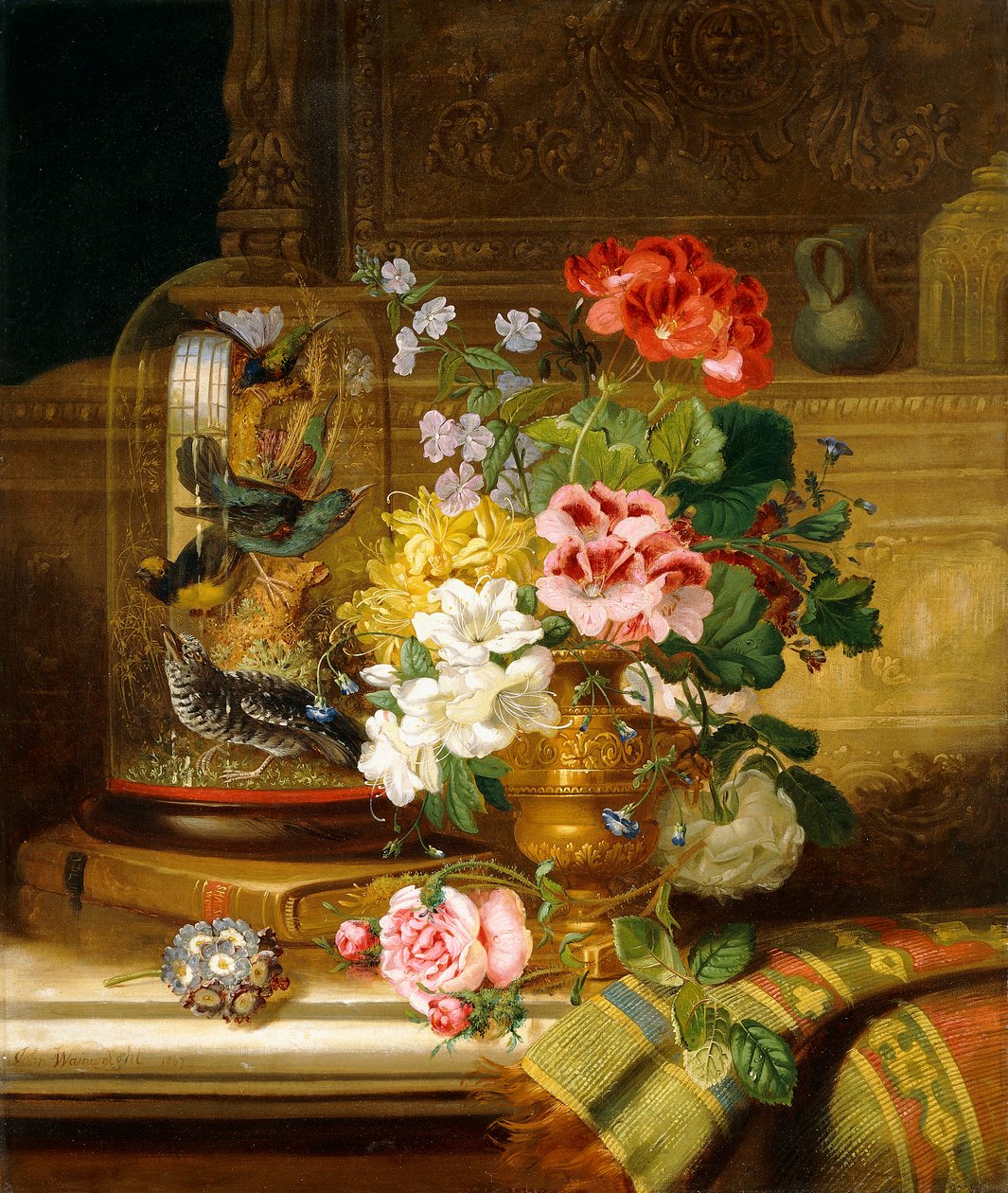 花瓶在壁架上的各种花和鸣鸟，1867年 作者 威廉·约翰·温赖特