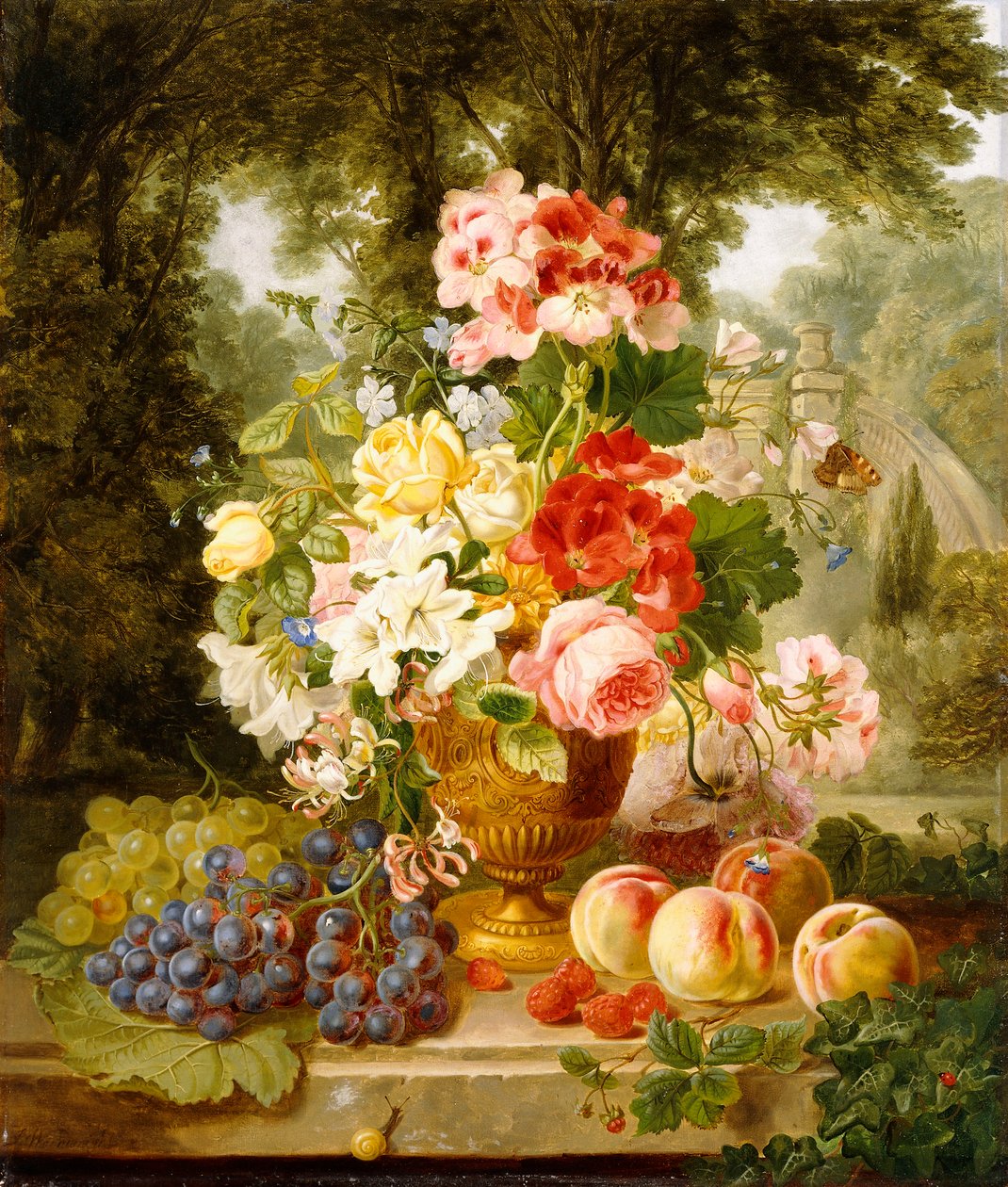 一个花瓶，夏天的花和水果在壁架上的风景，1867年 作者 威廉·约翰·温赖特