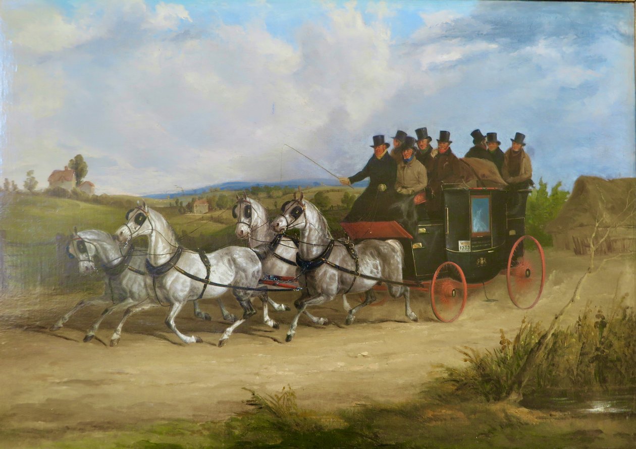 由一队灰马牵引的伦敦至布莱顿驿车（布面油画） 作者 威廉·约瑟夫·谢耶