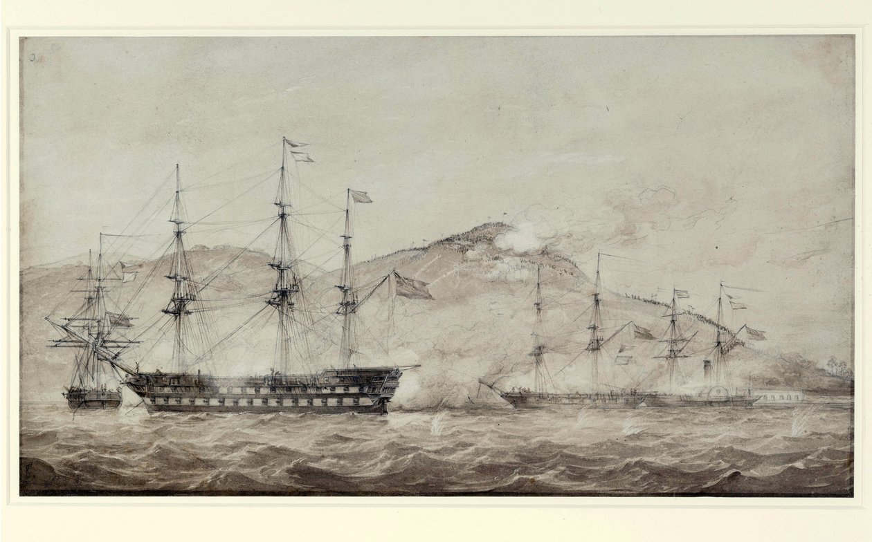1841 年，英国皇家海军舰艇 "Wellesley "号、"Columbine "号和 "Grisel "号在中国厦门外海航行。拉维斯号 作者 威廉·乔伊