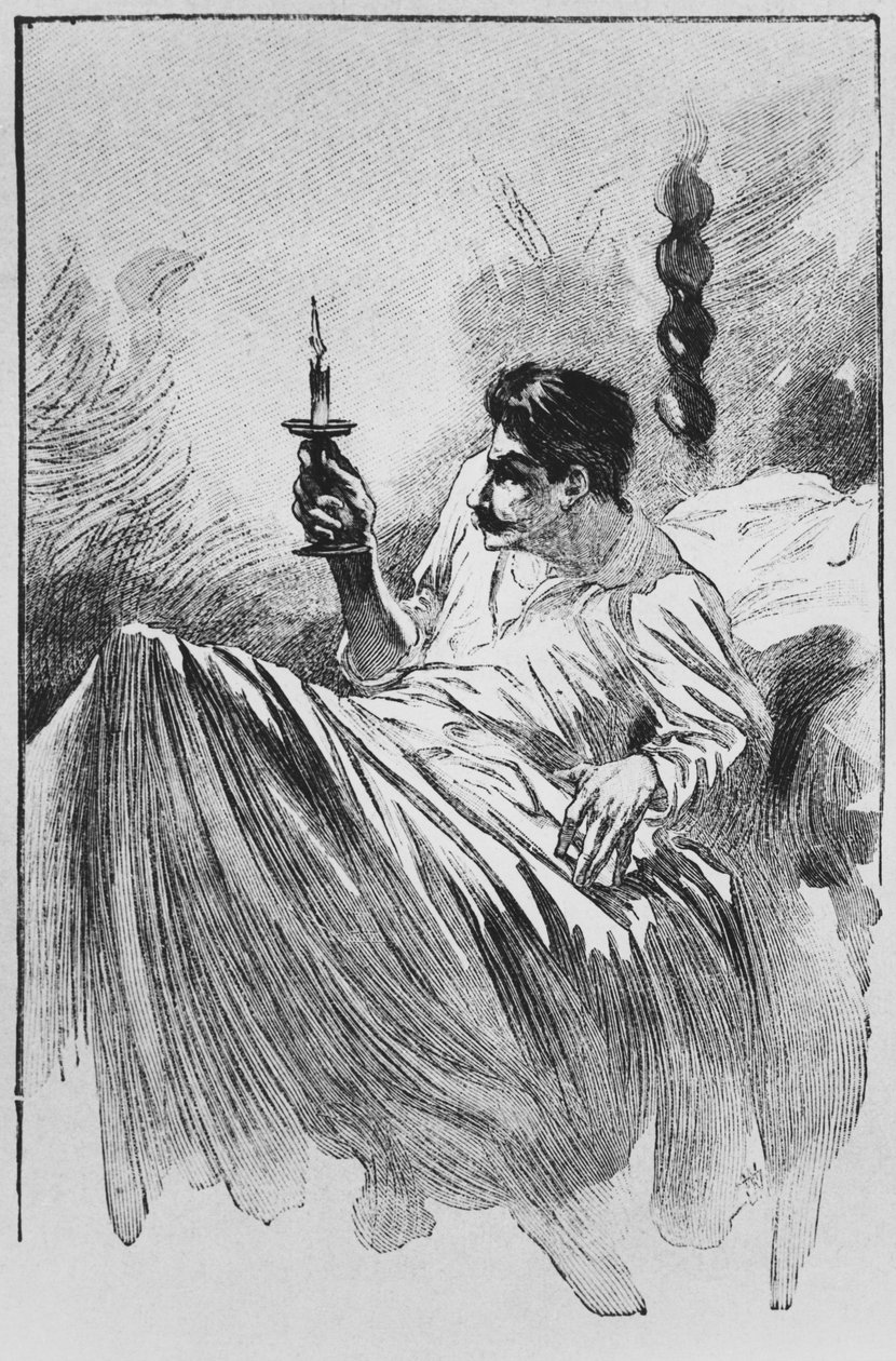 在床上的叙述者，来自&39;Le Horla&39;的Guy de Maupassant（1850-93）的插图，由Georges Lemoine，巴黎，版本Albin Michel，c.1910（木版画）刻 作者 威廉·朱利安·达马齐