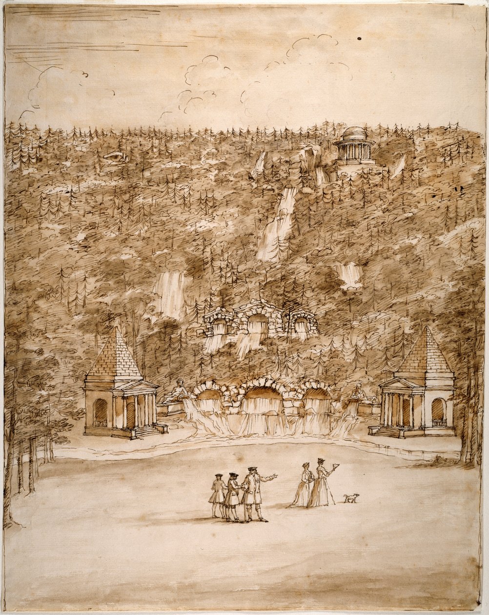 查茨沃斯：瀑布设计，1740 年代早期（纸上铅笔和棕色墨水加棕色水彩） 作者 威廉·肯特