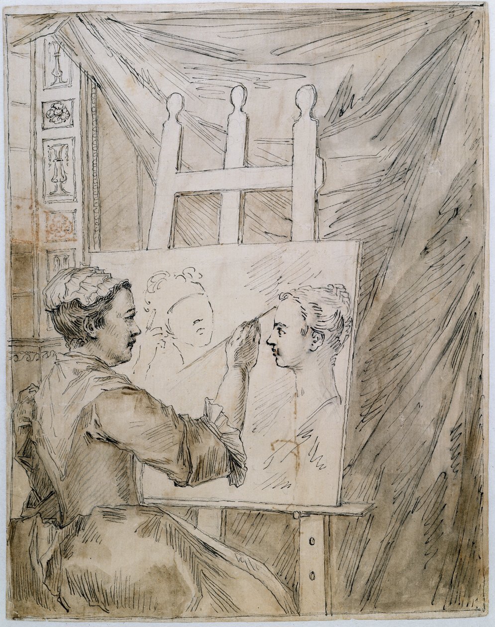 伯林顿夫人在她的花园房间的画架前（纸上笔墨和铅笔）。 作者 威廉·肯特