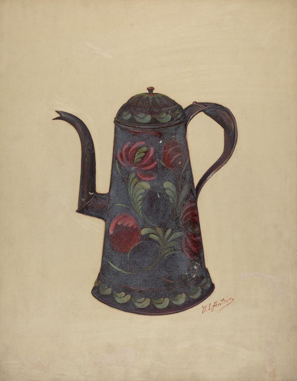 Toleware咖啡壶，约1936年。 作者 威廉·L·安特里姆