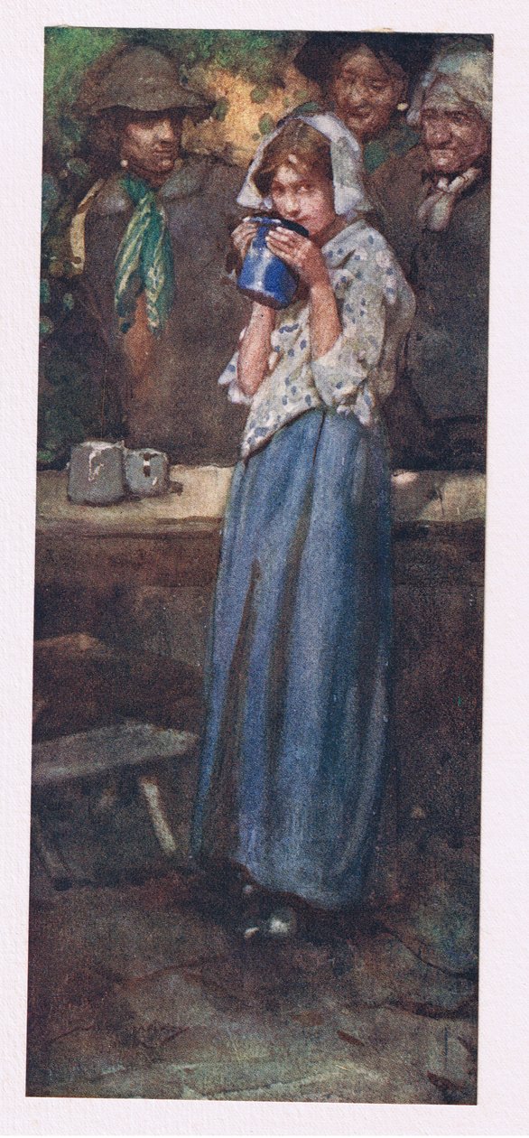 腼腆的女仆也不会半推半就地亲吻酒杯，将它递给他人（彩色石版画）。 作者 威廉·李·汉基