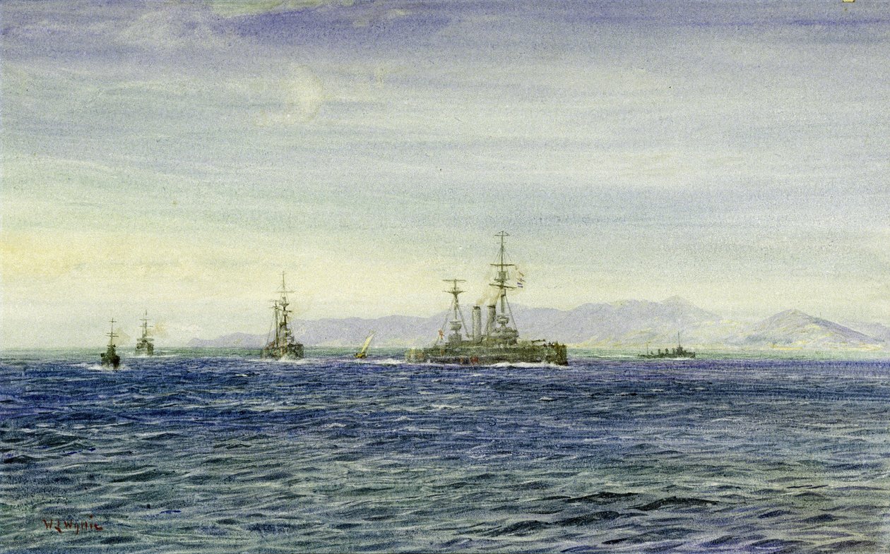 英国皇家海军 "阿尔贝马勒 "号军舰位于莫雷湾（苏格兰），这里是北海的一个三角形入口，这艘军舰在第一次世界大战期间曾作为海峡舰队的巡逻艇服役，1916 年又作为破冰船帮助 "大天使号"。 作者 威廉·莱昂内尔·威利
