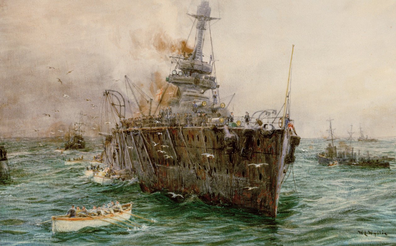 英国皇家海军 "大胆号 "触雷后在斯威利湖附近沉没，1914 年 10 月 27 日，20 世纪初（水彩画） 作者 威廉·莱昂内尔·威利