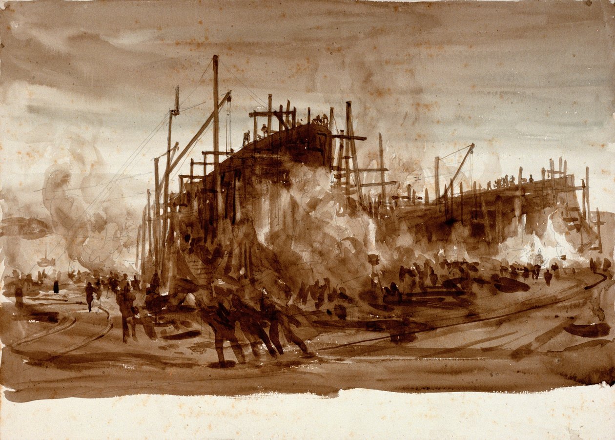 股票上的铁船，约 1910 年（棕色水洗） 作者 威廉·莱昂内尔·威利