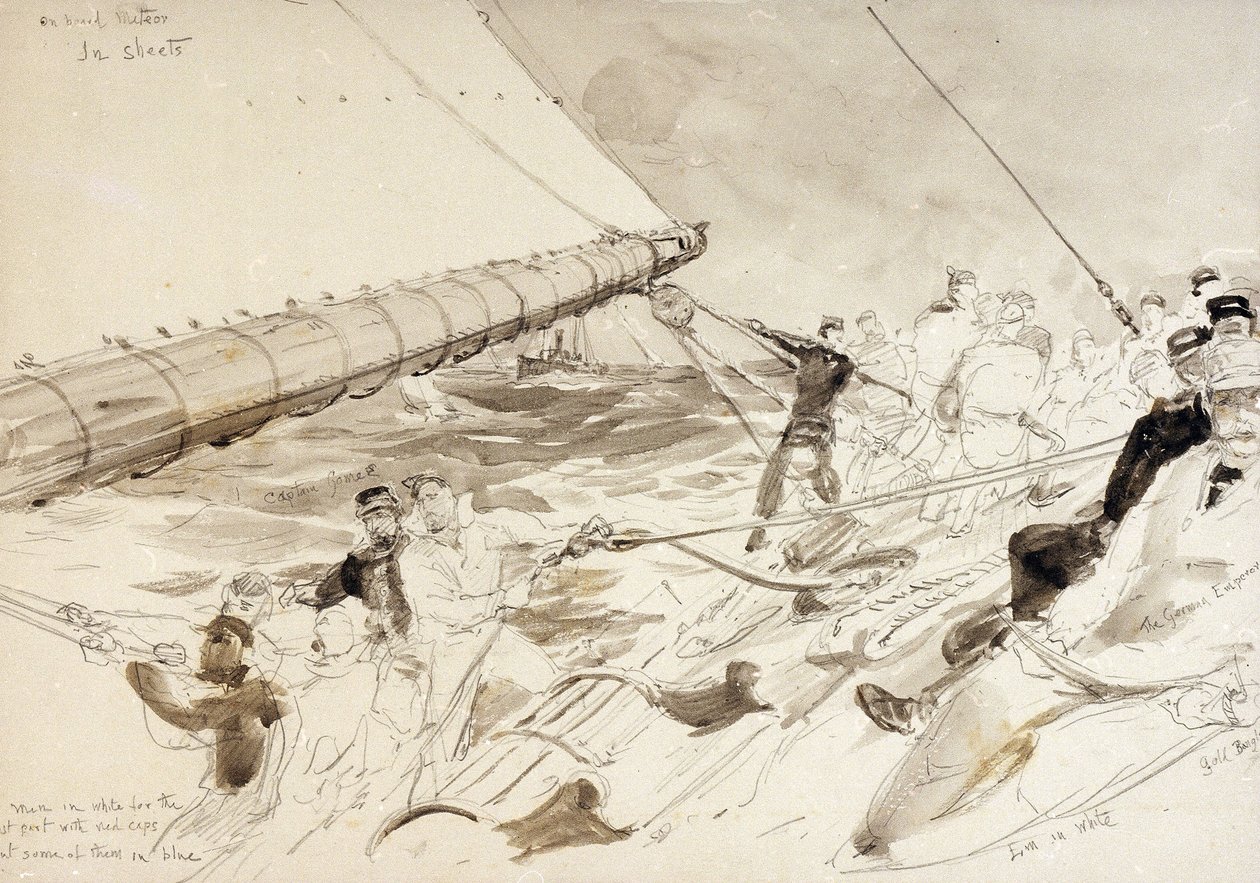 在德国帝国游艇 "流星号"（1902 年）上，右侧是船员的名字，其中包括德国皇帝（Kaizer）威廉二世（William II）（1859-1941 年 作者 威廉·莱昂内尔·威利
