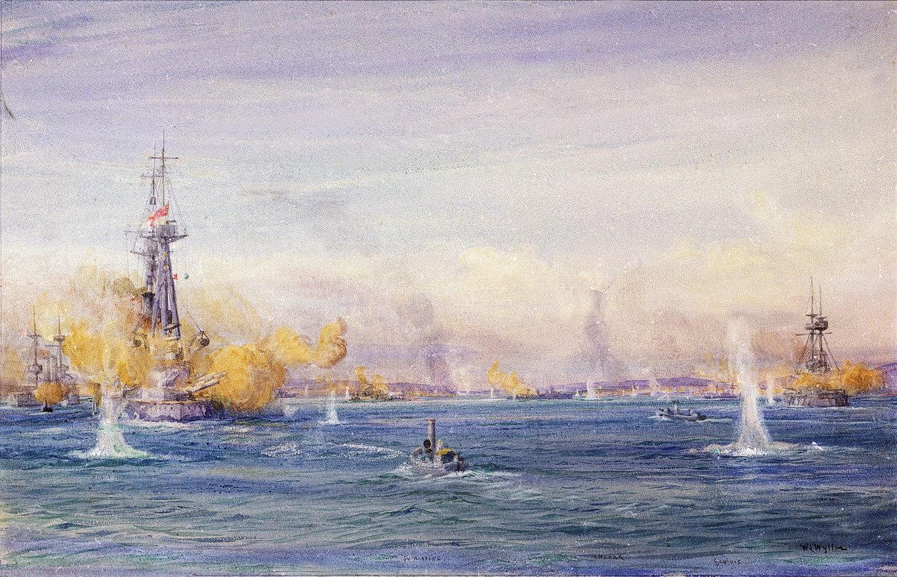 达达尼尔海峡战役（1915 年）（土耳其），加里波利战役期间，马尔马拉海。水彩画，约 1915 年，作者威廉-莱昂内尔-怀利（1851-1931 年）。 作者 威廉·莱昂内尔·威利
