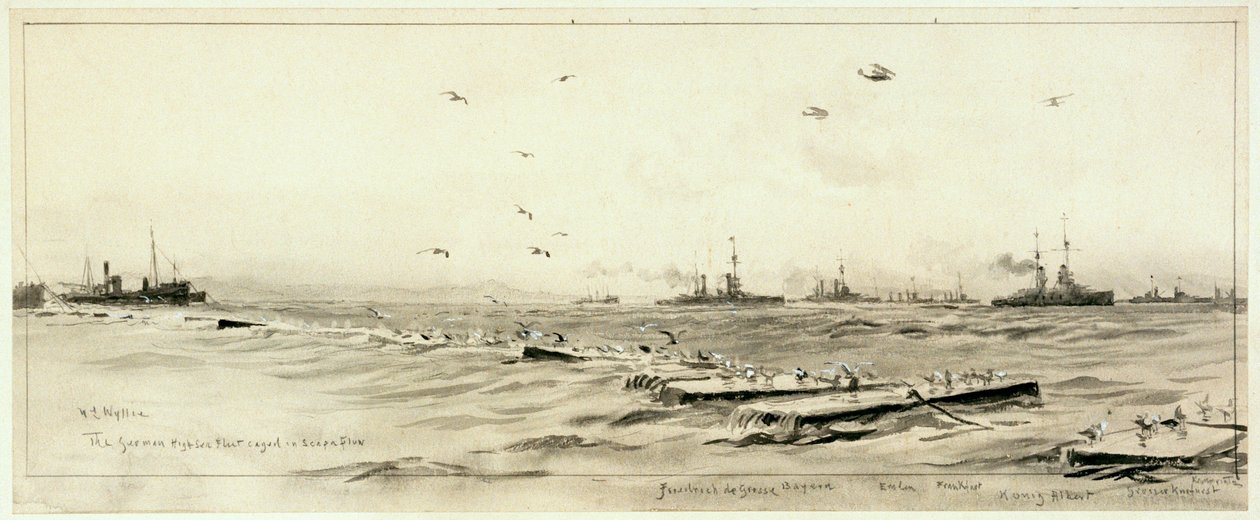 笼罩在斯卡帕的德国公海舰队，约 1918 年（水洗，灰色，白色加亮） 作者 威廉·莱昂内尔·威利