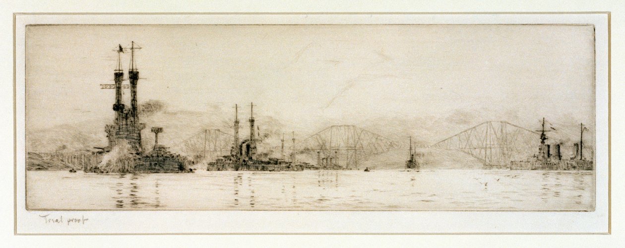 约 1918 年，美国战列舰 "纽约 "号和 "德克萨斯 "号在罗塞斯外海（蚀刻版画，用石墨润色） 作者 威廉·莱昂内尔·威利