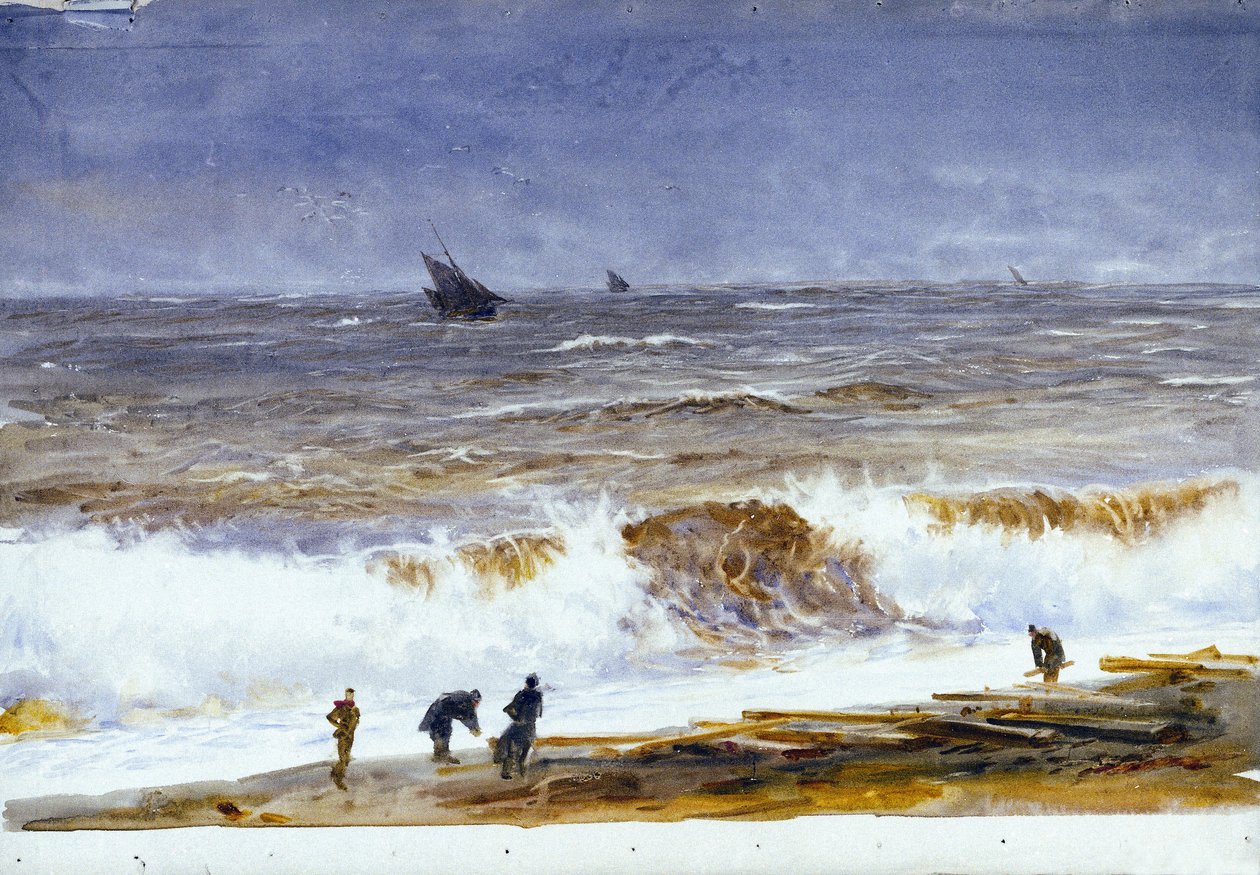 海滨贝尔克（Berck-sur-Mer）（法国）的海滩，波涛汹涌的大海和海滩上的人物。水彩画，1890 年以后，作者威廉-莱昂内尔-怀利（1851-1931 年）。 作者 威廉·莱昂内尔·威利