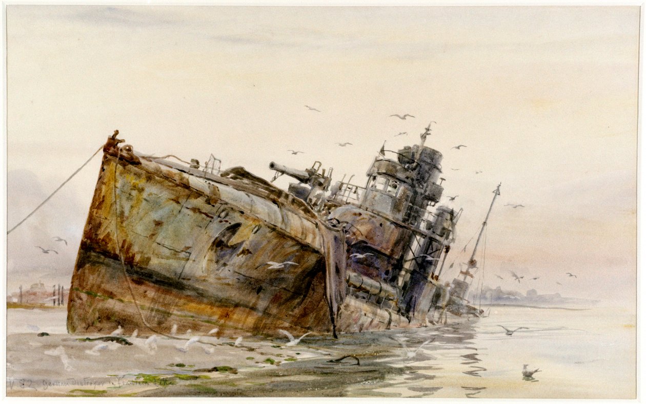 喷泉湖中的 V82 型德国驱逐舰》，约 1920-22 年（水彩画） 作者 威廉·莱昂内尔·威利