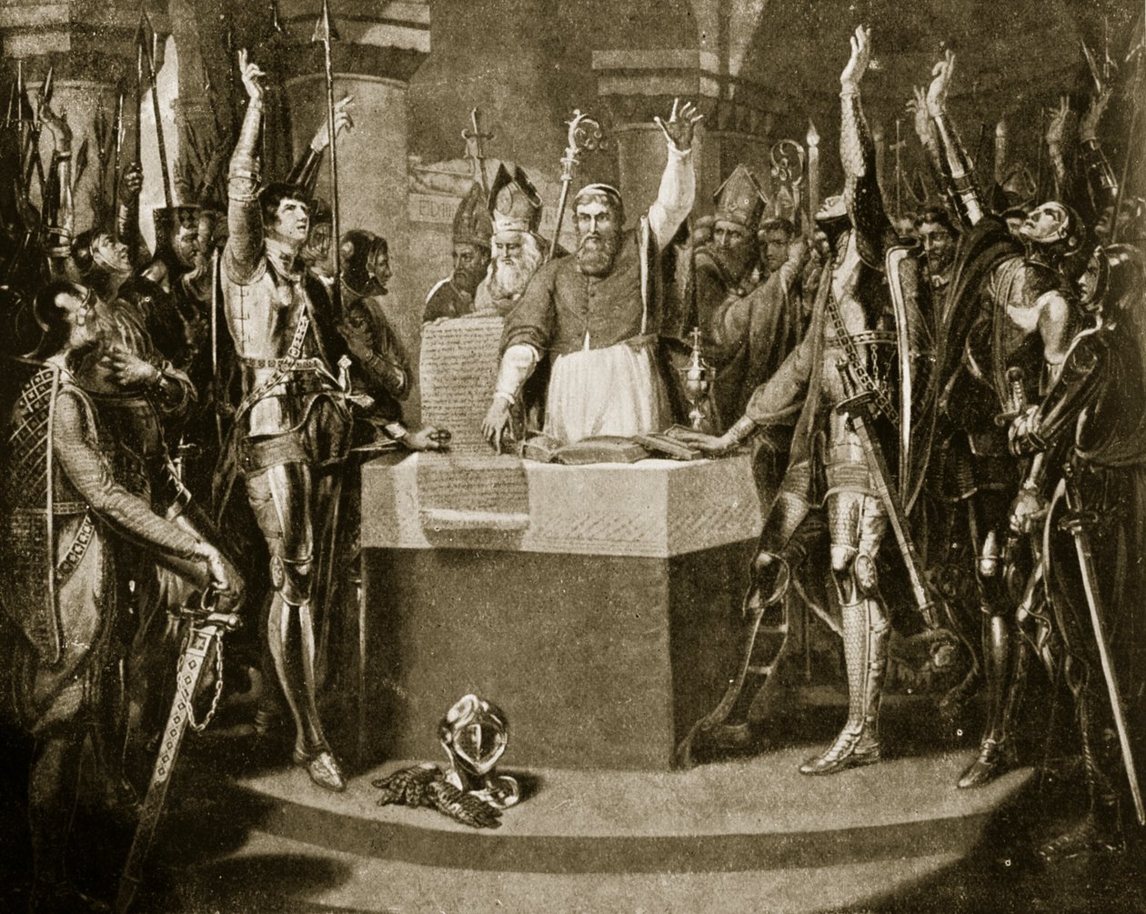 男爵的誓言，1214年，英国国家哈钦森斯故事的插图，c.1920 作者 威廉·马丁