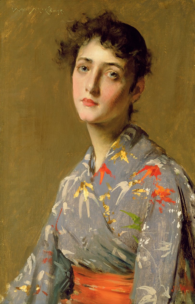 1888年，日本服装中的女孩（布面油画） 作者 威廉·梅里特·蔡斯