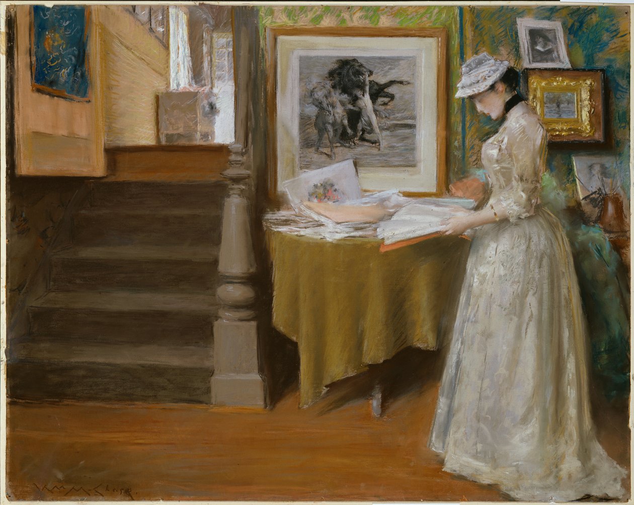 在工作室，约 1892-93（纸板上的粉彩画） 作者 威廉·梅里特·蔡斯