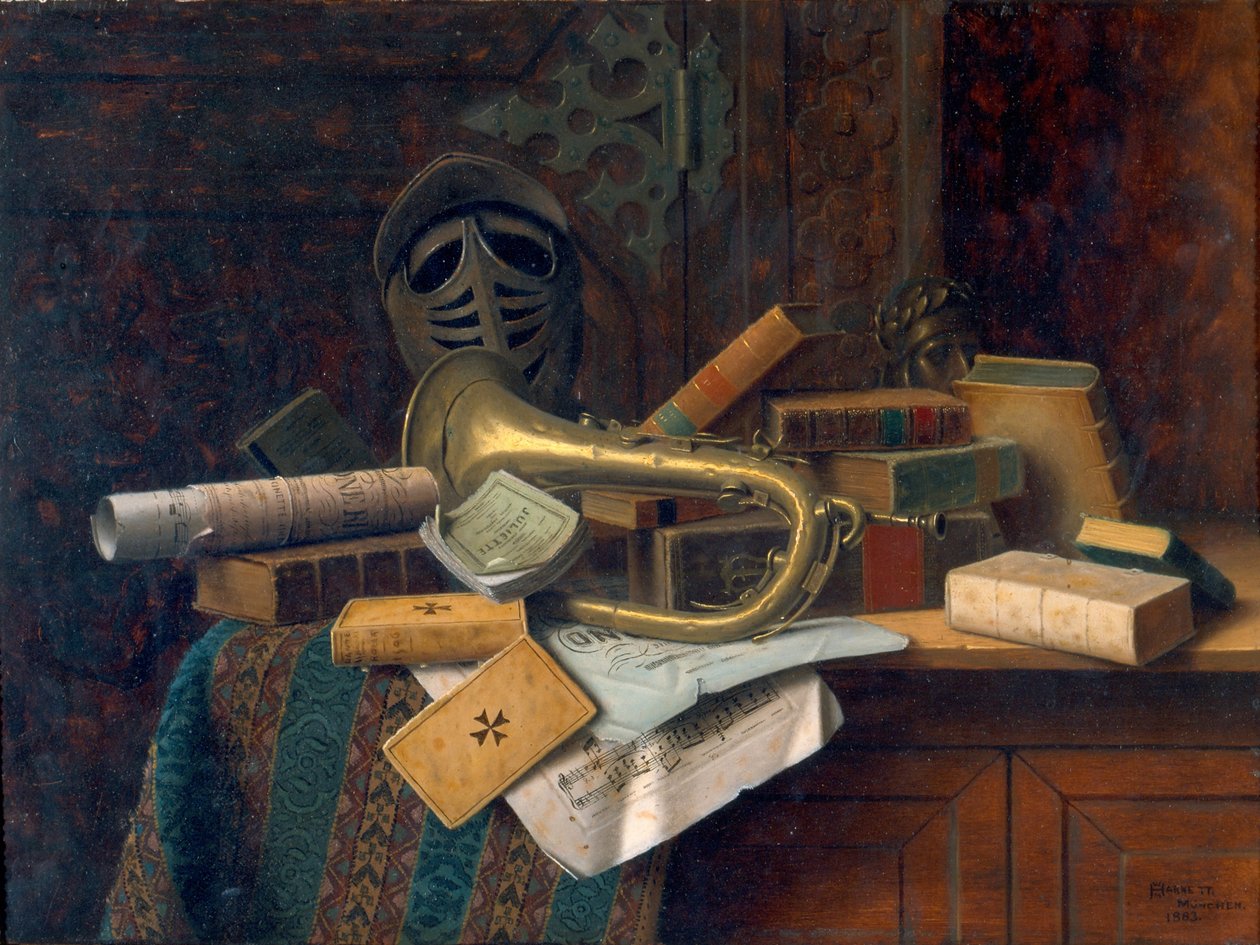 有但丁半身像的静物 1883 年（油画板） 作者 威廉·迈克尔·哈内特
