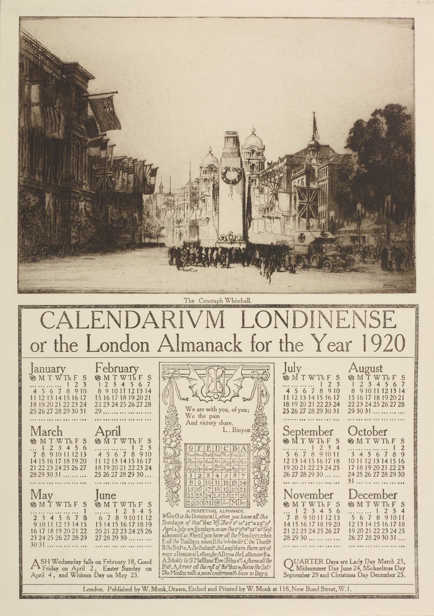 历法纪念馆（Londinense）或1920年的伦敦年鉴，被纪念碑的景色所遮盖，白厅（Whitehall），1919年 作者 威廉·蒙克